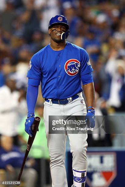 Jorge Soler of the Chicago Cubs reacts to a called strike three call during Game 3 of the NLCS against the Los Angeles Dodgers at Dodger Stadium on...