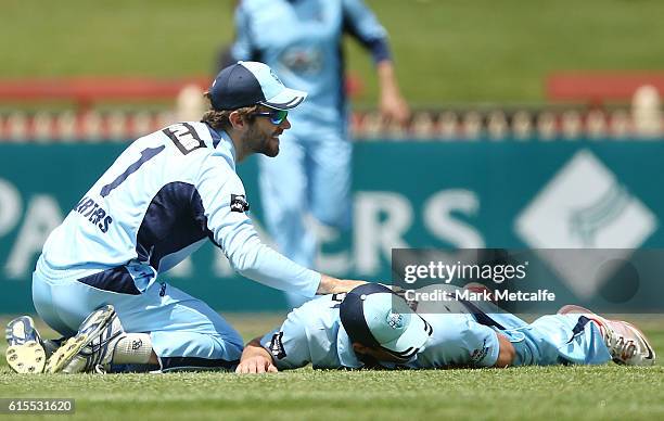 Ryan Carters of the Blues takes a catch to dismiss Adam Voges of the Warriors during the Matador BBQs One Day Cup match between New South Wales and...