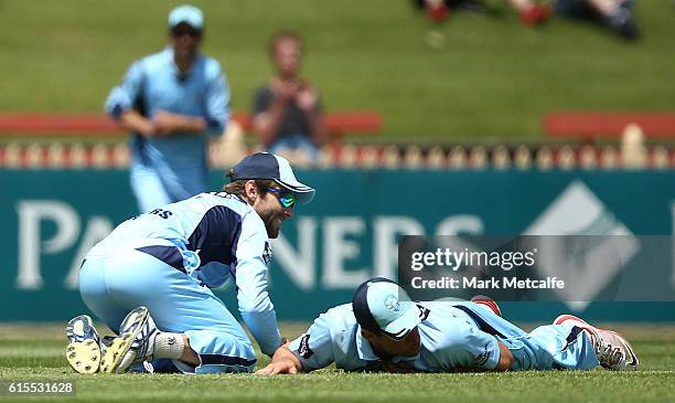 Ryan Carters of the Blues takes a catch to dismiss Adam Voges of the Warriors during the Matador BBQs One Day Cup match between New South Wales and...