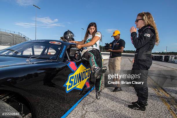 Taylor Jorgenson, R, and Hailie Deegan at the NASCAR Drive for Diversity Developmental Program at New Smyrna Speedway on October 18, 2016 in New...