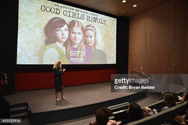 Good Girls Revolt' executive producer Dana Calvo speaks onstage at the Amazon red carpet premiere screening of the original drama series Good Girls...
