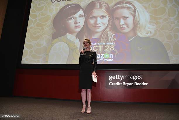 Elle editor-in-chief Robbie Myers speaks onstage during the Amazon red carpet premiere screening of the original drama series Good Girls Revolt at...