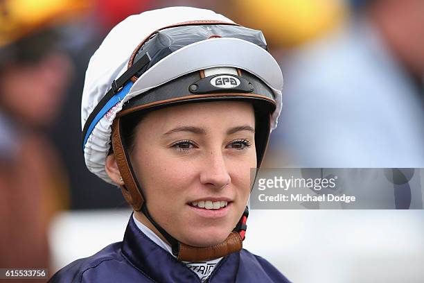 Jockey Katelyn Mallyon looks on during the 2016 Geelong Cup at the Geelong Racing Club on October 19, 2016 in Geelong, Australia.