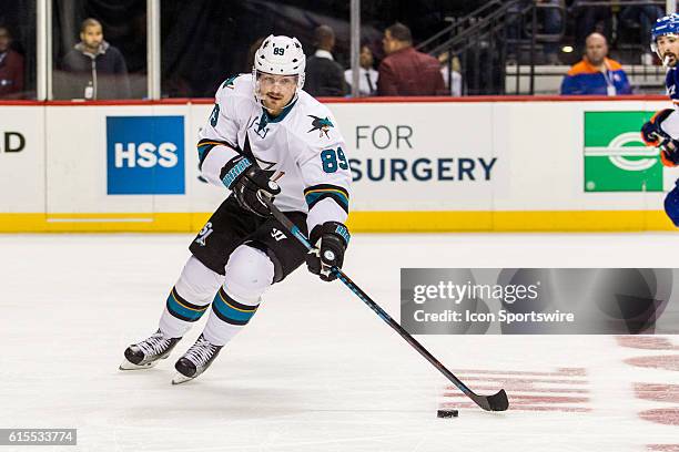 San Jose Sharks Left Wing Mikkel Boedker works into the Islanders zone during the first period of a NHL game between the San Jose Sharks and the New...
