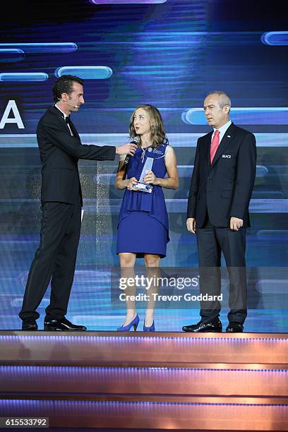 Leah Kirchmann was second in the Woman's World Tour as she accepts her award on stage at the 2nd UCI Gala Awards 2016 on October 18, 2016 in Abu...