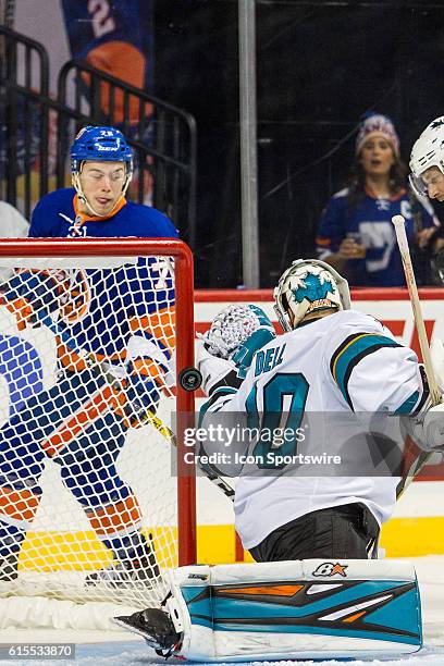 New York Islanders Left Wing Anthony Beauvillier scores his first NHL goal during the second period of a NHL game between the San Jose Sharks and the...