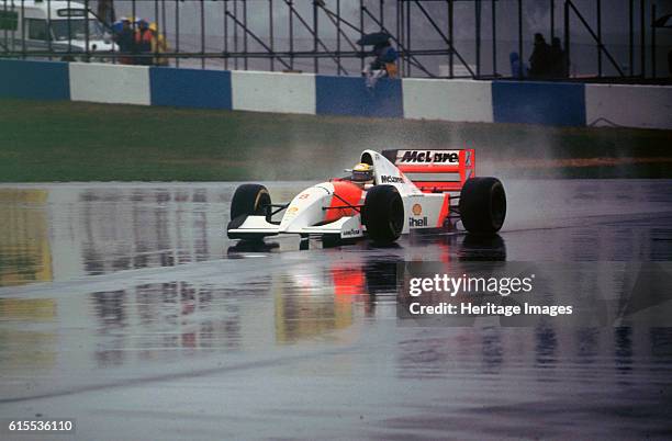 Ayrton Senna in the McLaren MP4-8 1993 European Grand Prix at Donington. Artist Unknown.