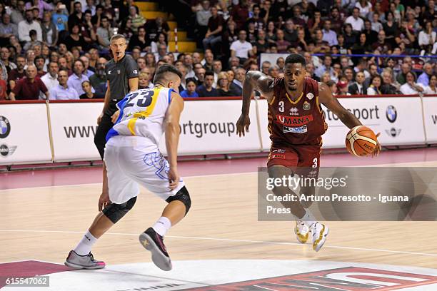 Melvin Ejim of Umana competes with Vojislav Stojanovic of Betaland during the LagaBasket of Serie A match between Reyer Umana Venezia and Orlandina...