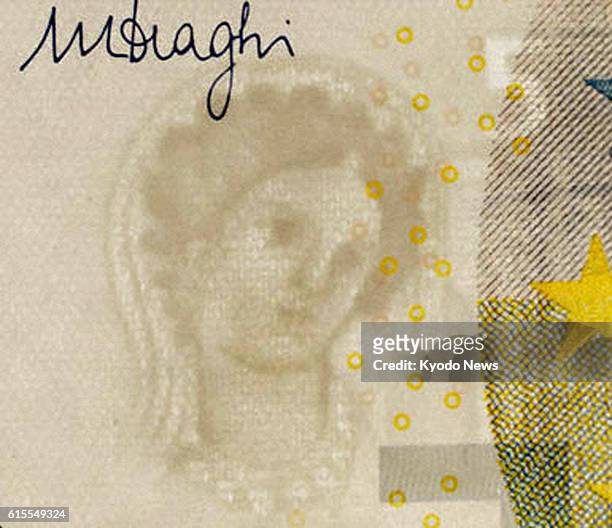 Germany - Photo shows a part of a newly designed 5-euro banknote with a watermark using an image of "Europa" from Greek mythology and the signature...