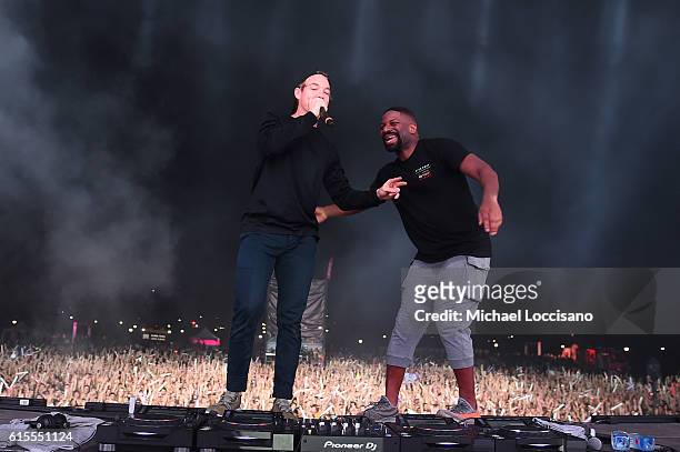 Diplo and DJ Irie perform onstage at the "PINK Nation Campus Party" hosted by Victoria's Secret PINK at Virginia Tech on October 18, 2016 in...