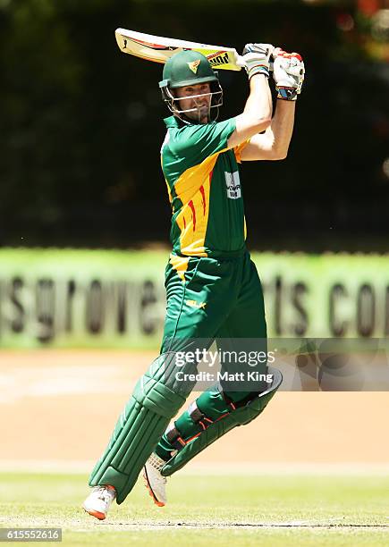 Alex Doolan of the Tigers bats during the Matador BBQs One Day Cup match between South Australia and Tasmania at Hurstville Oval on October 19, 2016...