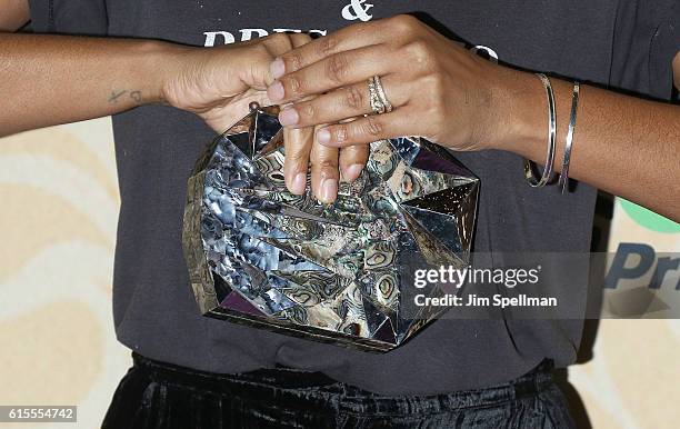 Actress Joy Bryant, bag detail, attends the "Good Girls Revolt" New York screening at the Joseph Urban Theater at Hearst Tower on October 18, 2016 in...