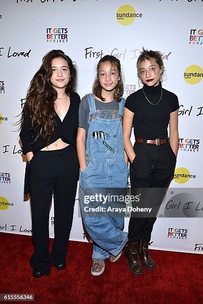 Gideon Adlon, Rockie Adlon and Odessa Adlon attend the premiere of PSH Collective's "First Girl I Loved" at the Vista Theatre on October 18, 2016 in...