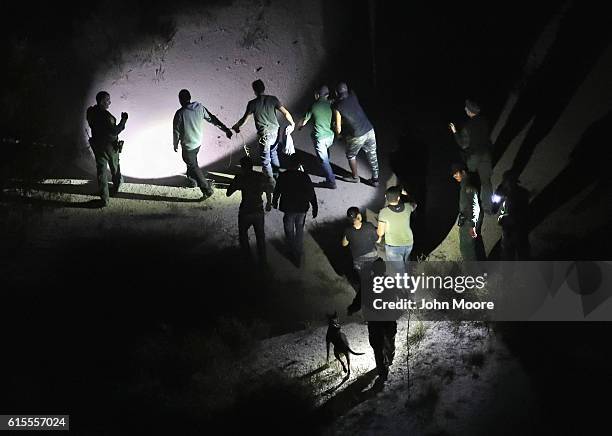 Border Patrol agents with a K-9 unit detain undocumented immigrants after they illegally crossed the U.S.-Mexico border on October 18, 2016 in...
