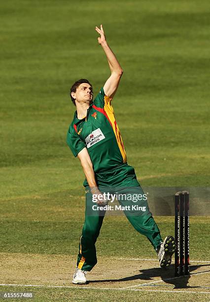 Simon Milenko of the Tigers bowls during the Matador BBQs One Day Cup match between South Australia and Tasmania at Hurstville Oval on October 19,...