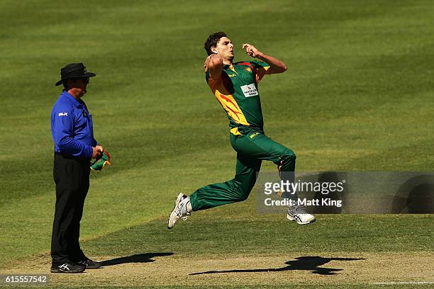 Simon Milenko of the Tigers bowls during the Matador BBQs One Day Cup match between South Australia and Tasmania at Hurstville Oval on October 19,...
