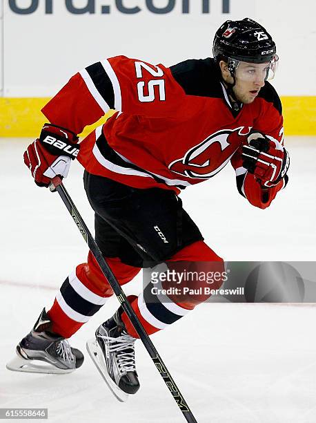 Stefan Matteau of the New Jersey Devils plays in the game against the Columbus Blue Jackets at the Prudential Center on November 25, 2015 in Newark,...