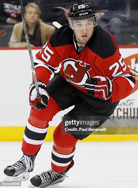 Stefan Matteau of the New Jersey Devils plays in the game against the Columbus Blue Jackets at the Prudential Center on November 25, 2015 in Newark,...