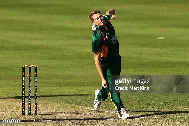 James Faulkner of the Tigers bowls during the Matador BBQs One Day Cup match between South Australia and Tasmania at Hurstville Oval on October 19,...