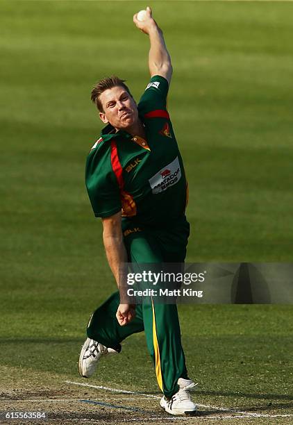 James Faulkner of the Tigers bowls during the Matador BBQs One Day Cup match between South Australia and Tasmania at Hurstville Oval on October 19,...