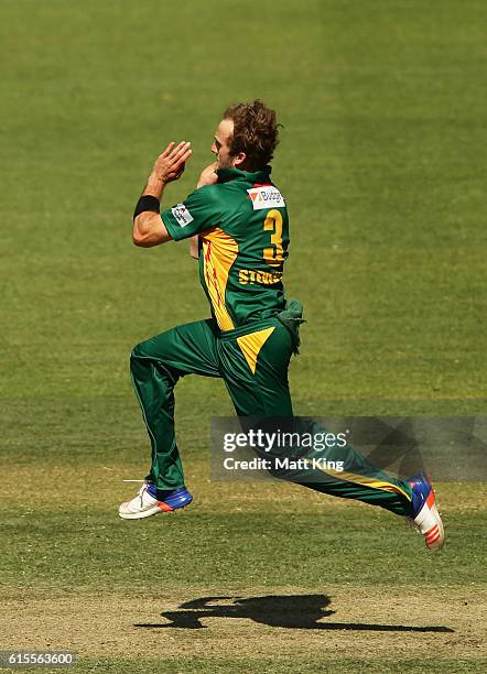 Cameron Stevenson of the Tigers bowls during the Matador BBQs One Day Cup match between South Australia and Tasmania at Hurstville Oval on October...