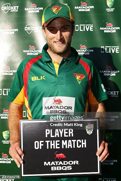 Cameron Stevenson of the Tigers poses with the player of the match award during the Matador BBQs One Day Cup match between South Australia and...