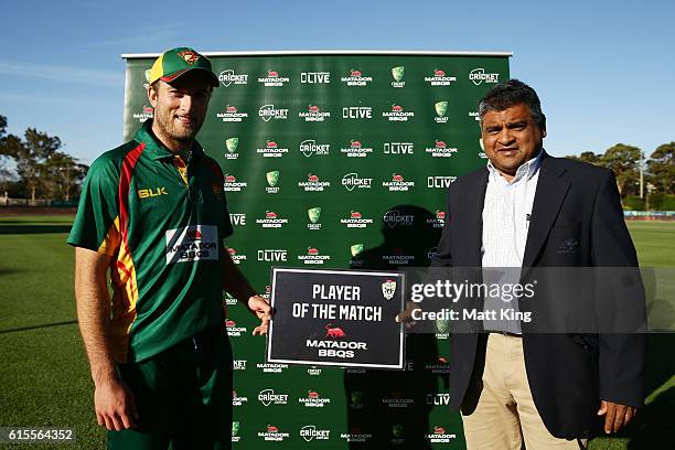 Cameron Stevenson of the Tigers poses with the player of the match award during the Matador BBQs One Day Cup match between South Australia and...