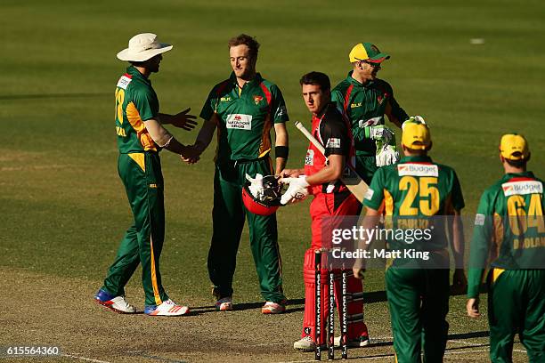 Cameron Stevenson of the Tigers celebrates with team mates after taking 5 wickets and victory during the Matador BBQs One Day Cup match between South...
