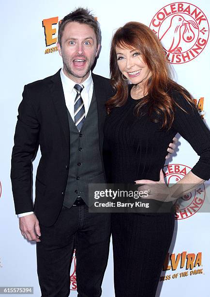 Comedian/tv personality Chris Hardwick and actress Cassandra Peterson, aka Elvira, attend book launch party for new book 'Elvira, Mistress Of The...