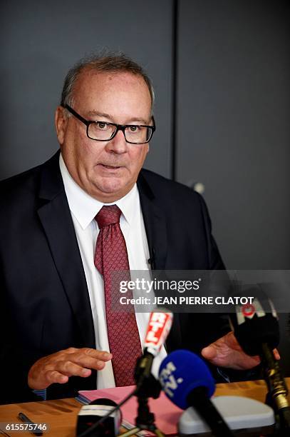 The prosecutor of Grenoble Jean-Yves Coquillat delivers a press conference in Grenoble on October 19, 2016 regarding an abduction alert procedure...