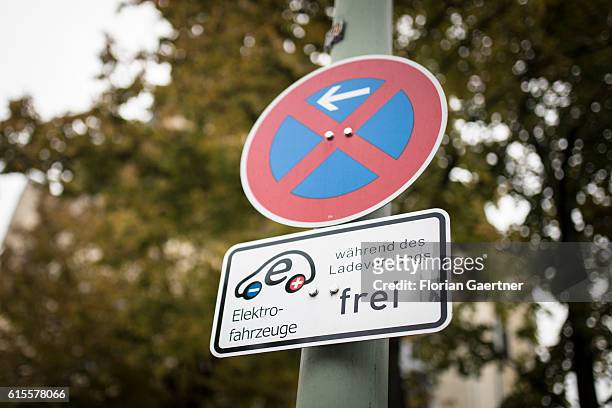 Sign is captured that shows, that a parking space is reserved for electric cars on October 18, 2016 in Berlin, Germany.