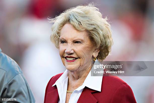 Johnelle Hunt, co-founder of JB Hunt Trucking, calls the Hogs before a game between the Arkansas Razorbacks and the Mississippi Rebels at Razorback...