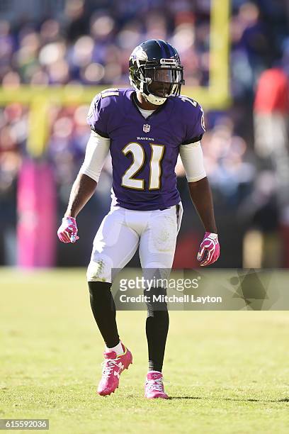 Lardarius Webb of the Baltimore Ravens looks on during a football game against the Washington Redskins at M & T Stadium on October 9, 2016 in...