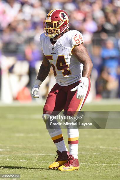 Mason Foster of the Washington Redskins in position during a football game against the Baltimore Ravens at M & T Stadium on October 9, 2016 in...