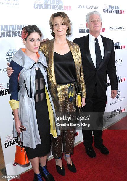 Actress Charlotte Simpson, actress Sigourney Weaver and Jim Simpson attend the 30th Annual American Cinematheque Awards Gala at The Beverly Hilton...
