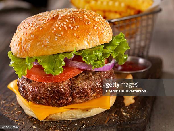 deluxe cheeseburger mit einem korb fries - cheeseburger and fries stock-fotos und bilder