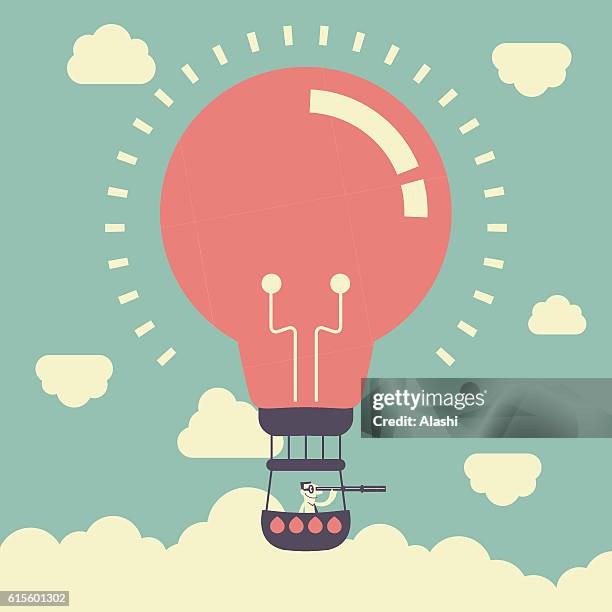 businessman with telescope, in idea light bulb hot air balloon - hot air balloon stock illustrations