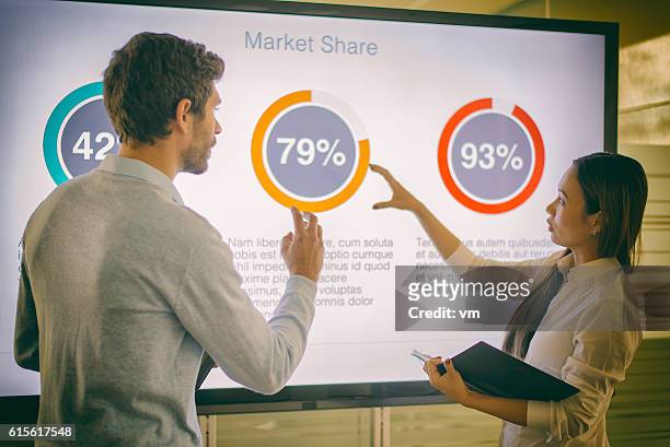 businesswoman and businessman talking about market share - financial analyst 個照片及圖片檔