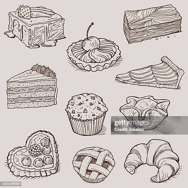 illustrazioni stock, clip art, cartoni animati e icone di tendenza di collezione di dolci gourmet e panetteria - panetteria