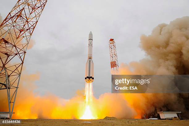 This handout image supplied by the European Space Agency , shows ExoMars 2016 lifting off on a Proton-M rocket from Baikonur, Kazakhstan at 09:31 GMT...