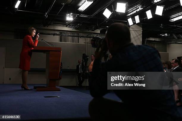 House Minority Leader Rep. Nancy Pelosi speaks to members of the media on Capitol Hill October 19, 2016 in Washington, DC. Pelosi held her weekly...