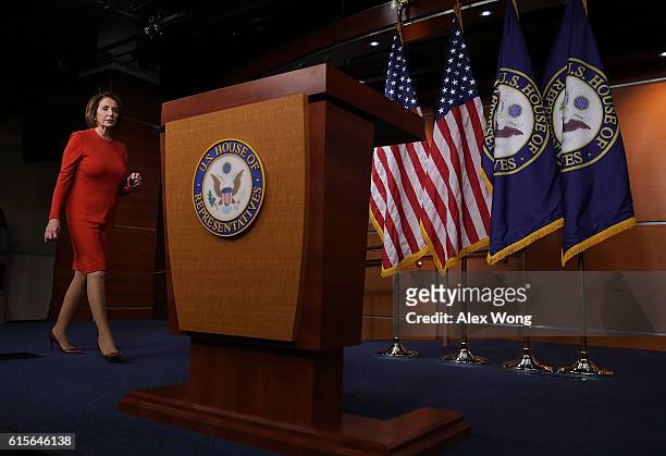 House Minority Leader Rep. Nancy Pelosi walks towards the podium to speak to members of the media on Capitol Hill October 19, 2016 in Washington, DC....