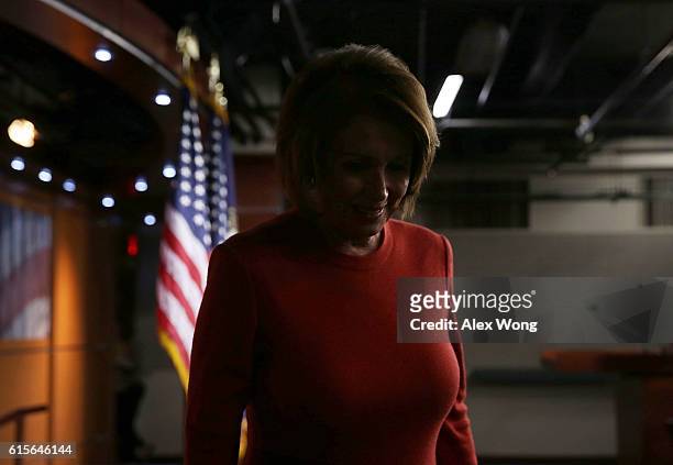 House Minority Leader Rep. Nancy Pelosi leaves after a news conference on Capitol Hill October 19, 2016 in Washington, DC. Pelosi held her weekly...