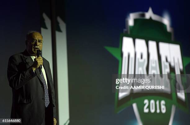 Pakistan Super League chairman Najam Sethi speaks during second edition of Pakistan Super League draft in Dubai on October 19, 2016. PSL which will...