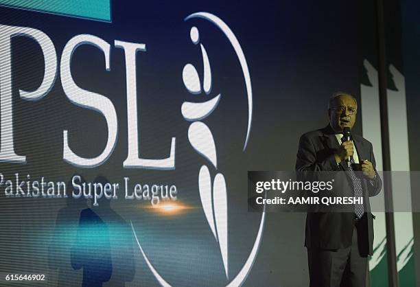 Pakistan Super League chairman Najam Sethi speaks during second edition of Pakistan Super League draft in Dubai on October 19, 2016. PSL which will...