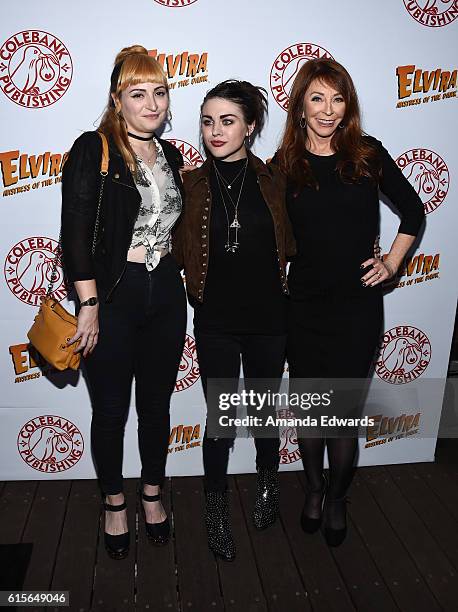 Chantal Claret, Frances Bean Cobain and actress Cassandra Peterson attend the launch party for Peterson's new book 'Elvira, Mistress Of The Dark' at...