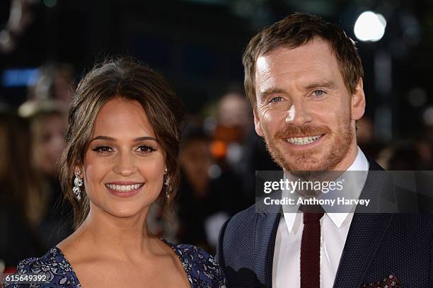 Alicia Vikander and Michael Fassbender arrive for the UK premiere of "The Light Between Oceans" at The Curzon Mayfair on October 19, 2016 in London,...