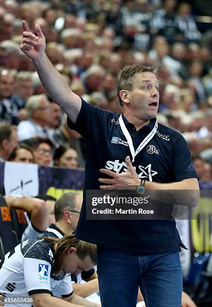 Alfred Gislason, head coach of Kiel reacts during the DKB HBL Bundesliga match between THW Kiel and TSV Hannover-Burgdorf at Sparkassen Arena on...