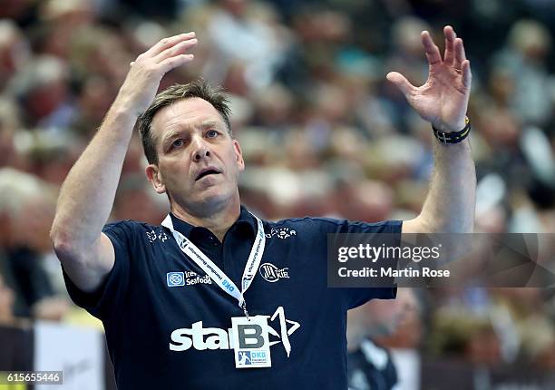 Alfred Gislason, head coach of Kiel reacts during the DKB HBL Bundesliga match between THW Kiel and TSV Hannover-Burgdorf at Sparkassen Arena on...