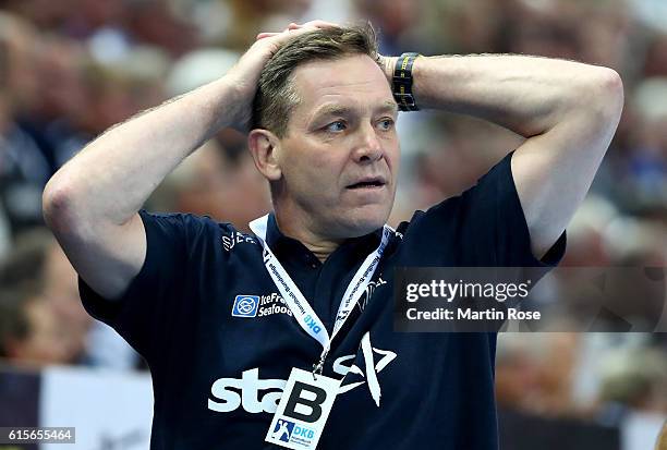 Alfred Gislason, head coach of Kiel reacts during the DKB HBL Bundesliga match between THW Kiel and TSV Hannover-Burgdorf at Sparkassen Arena on...